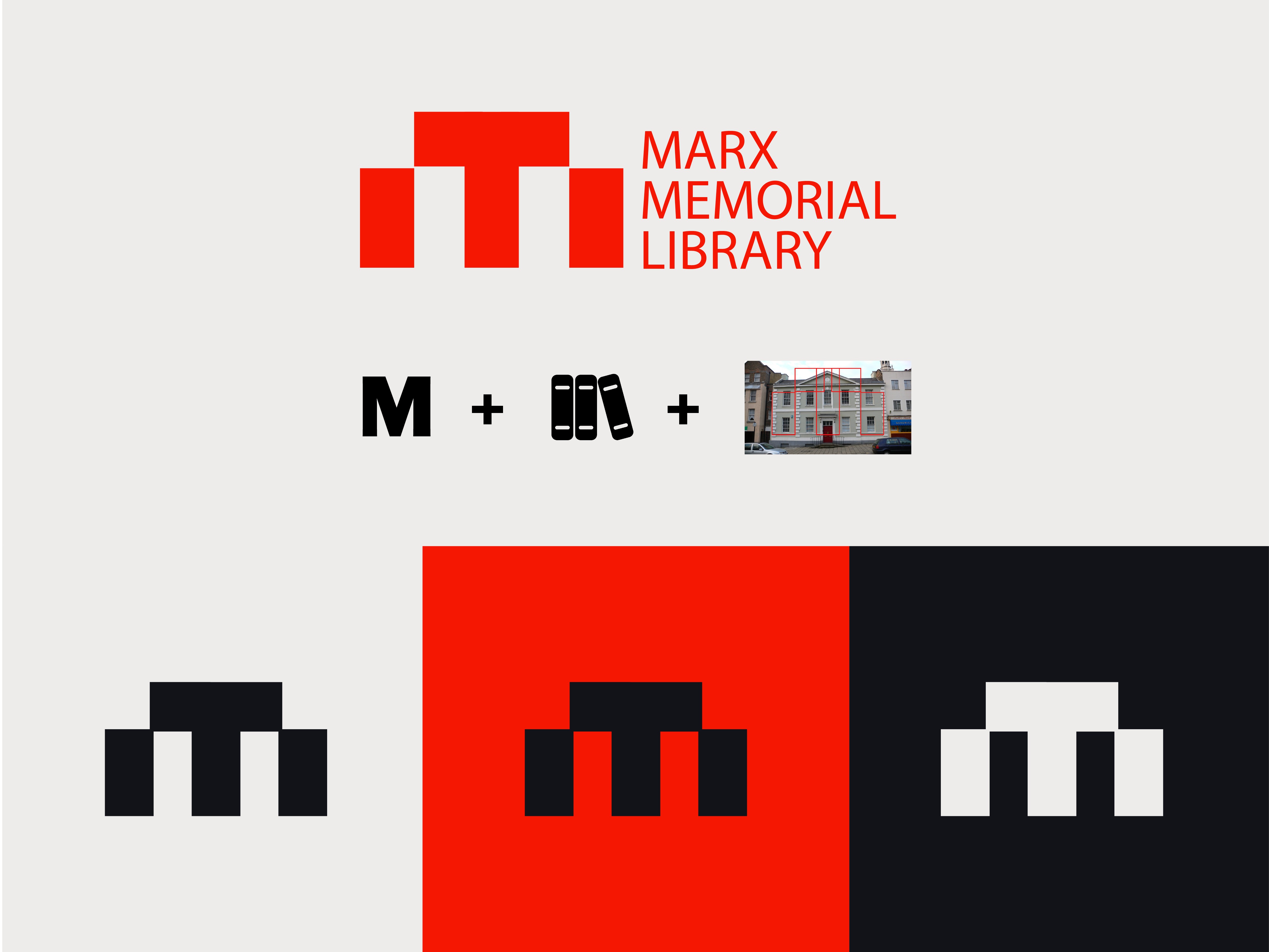 MML logo concept combining the M, stacked books and the building facade